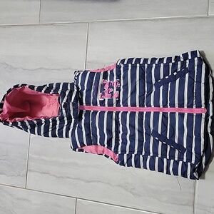 LOGG Striped Navy and Pink Puffer Hoodie Vest Size 7/8